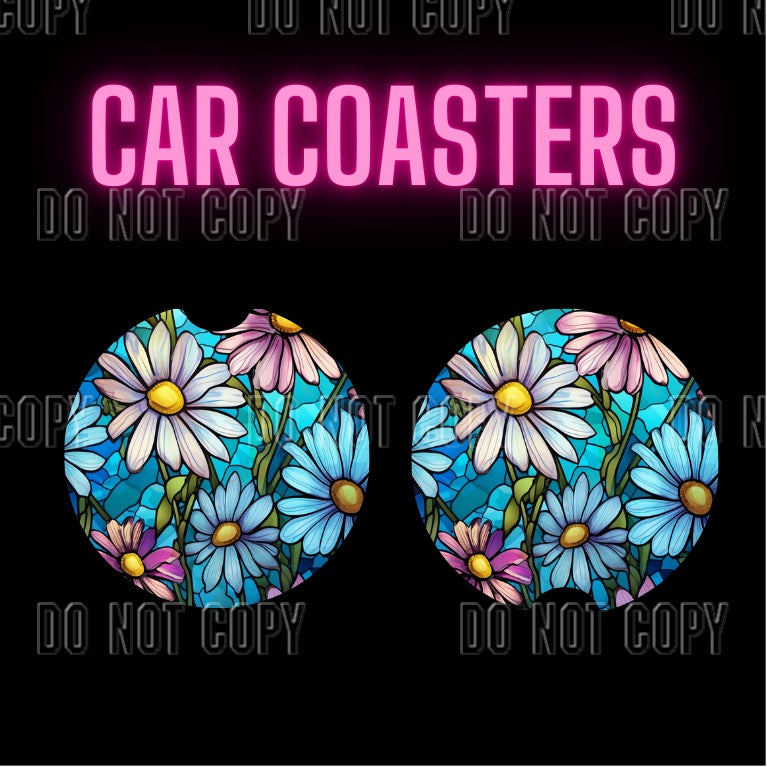 Stained Glass Daises Car Coaster Set