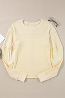 Waffle-Knit Round Neck Long Sleeve Top