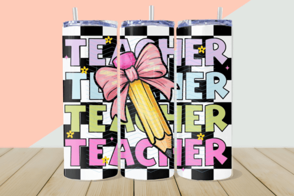 Teacher Checkered Pencil Bow Tumbler