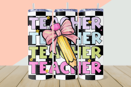 Teacher Checkered Pencil Bow Tumbler