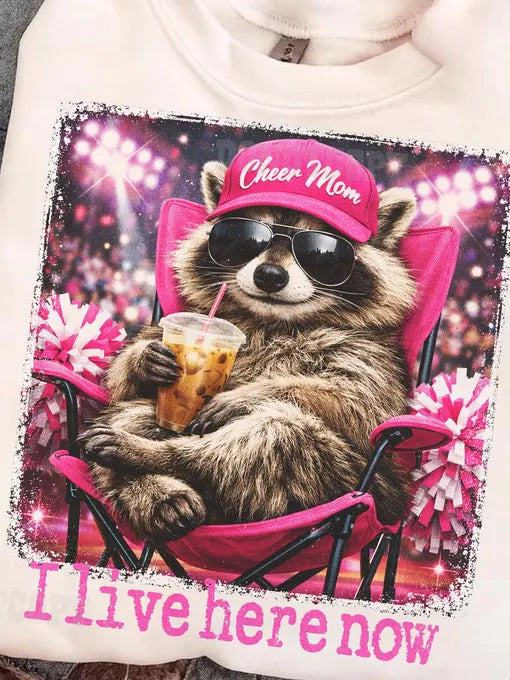 I live here now raccoon cheer Mom pink